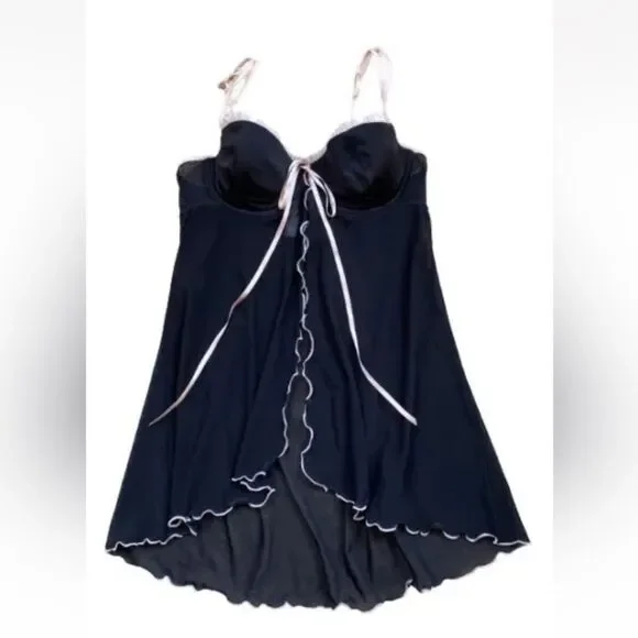 VTG Victoria’s Secret Black Mesh Sheer Babydoll Pink Trim Open FrontSize M - Picture 2 of 13